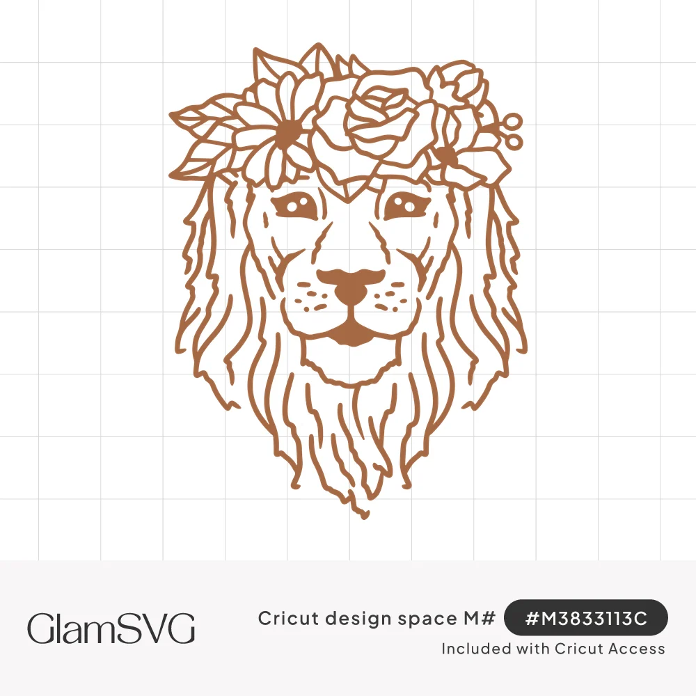 Line drawing of a lion's face with a flowing mane and a crown of roses, daisies and leaves on its head