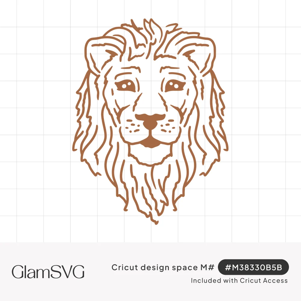 Line art drawing of a lion's face with a flowing wavy mane and calm expression in warm brown