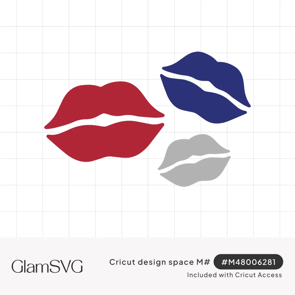 Three lipstick kiss marks in red, navy blue and gray scattered together on a white background