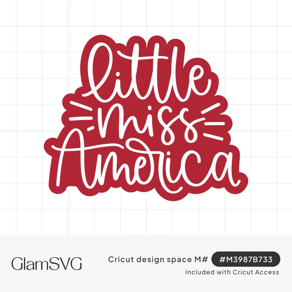 White hand-lettered script reading little miss America on a red offset background with small burst lines