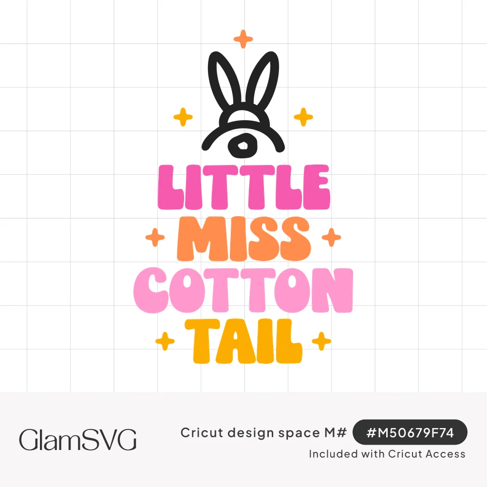 Black line bunny from behind with cotton tail above pink and orange bubble letters reading Little Miss Cotton Tail