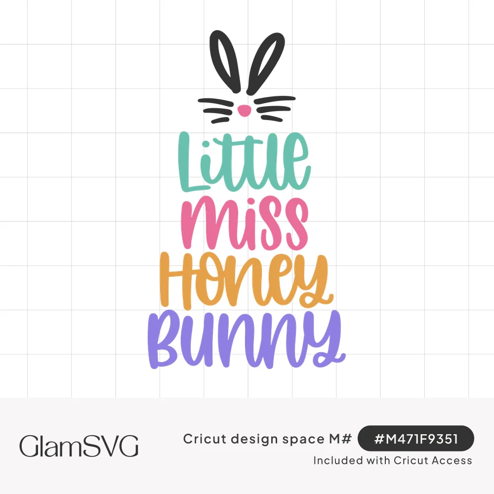 Pastel hand-lettered words Little Miss Honey Bunny stacked under black bunny ears, whiskers and a pink nose