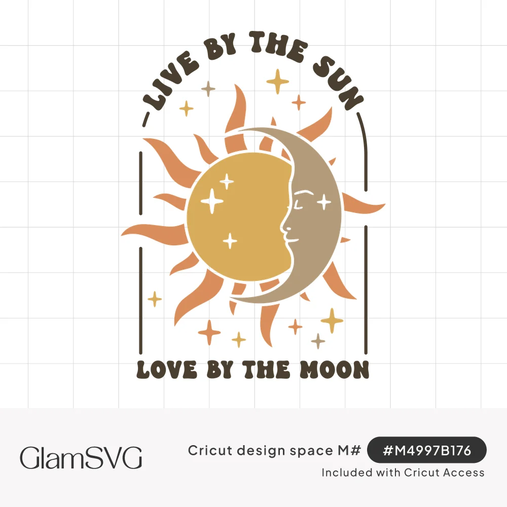 Golden sun with orange rays and a sleeping crescent moon face, sparkles, and the words Live by the sun, Love by the moon