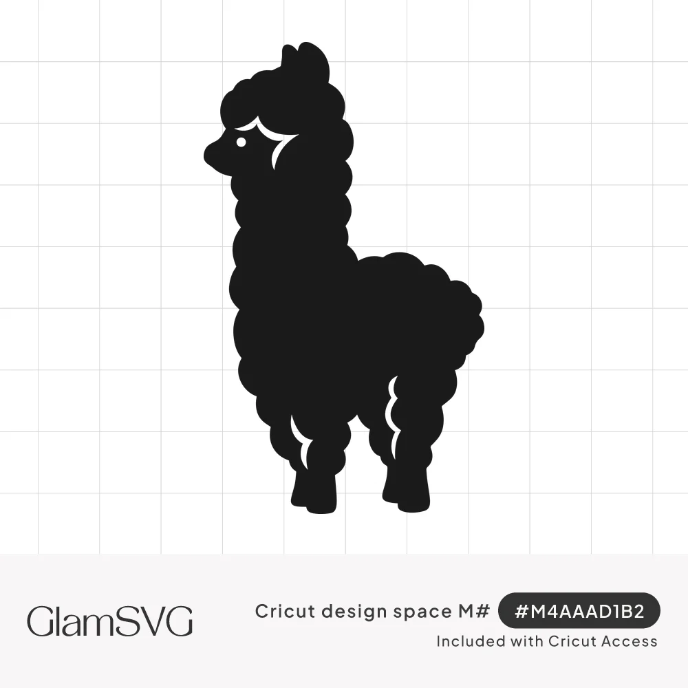 Black silhouette of a fluffy llama standing in side profile with scalloped wool and small white curl details