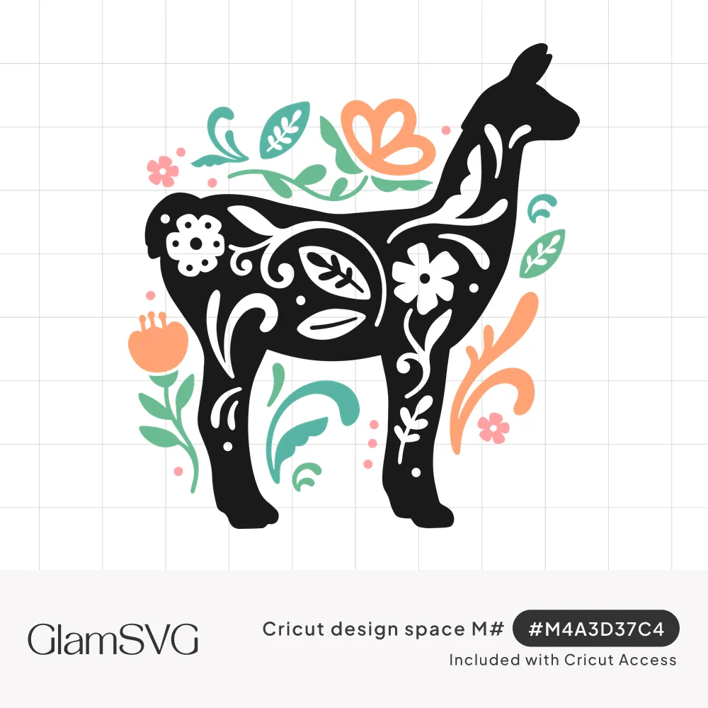 Black llama silhouette with white folk art flower cut-outs surrounded by coral and mint green flowers and leaves