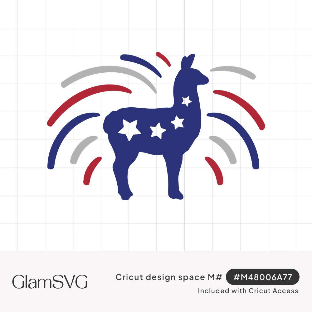 Navy blue llama silhouette with white stars surrounded by red, gray, and blue firework bursts