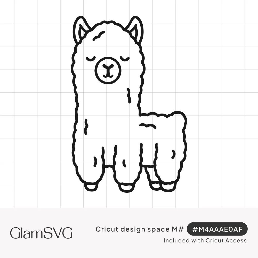 Black outline drawing of a fluffy llama with curly wool, pointed ears and closed eyes, standing in side view