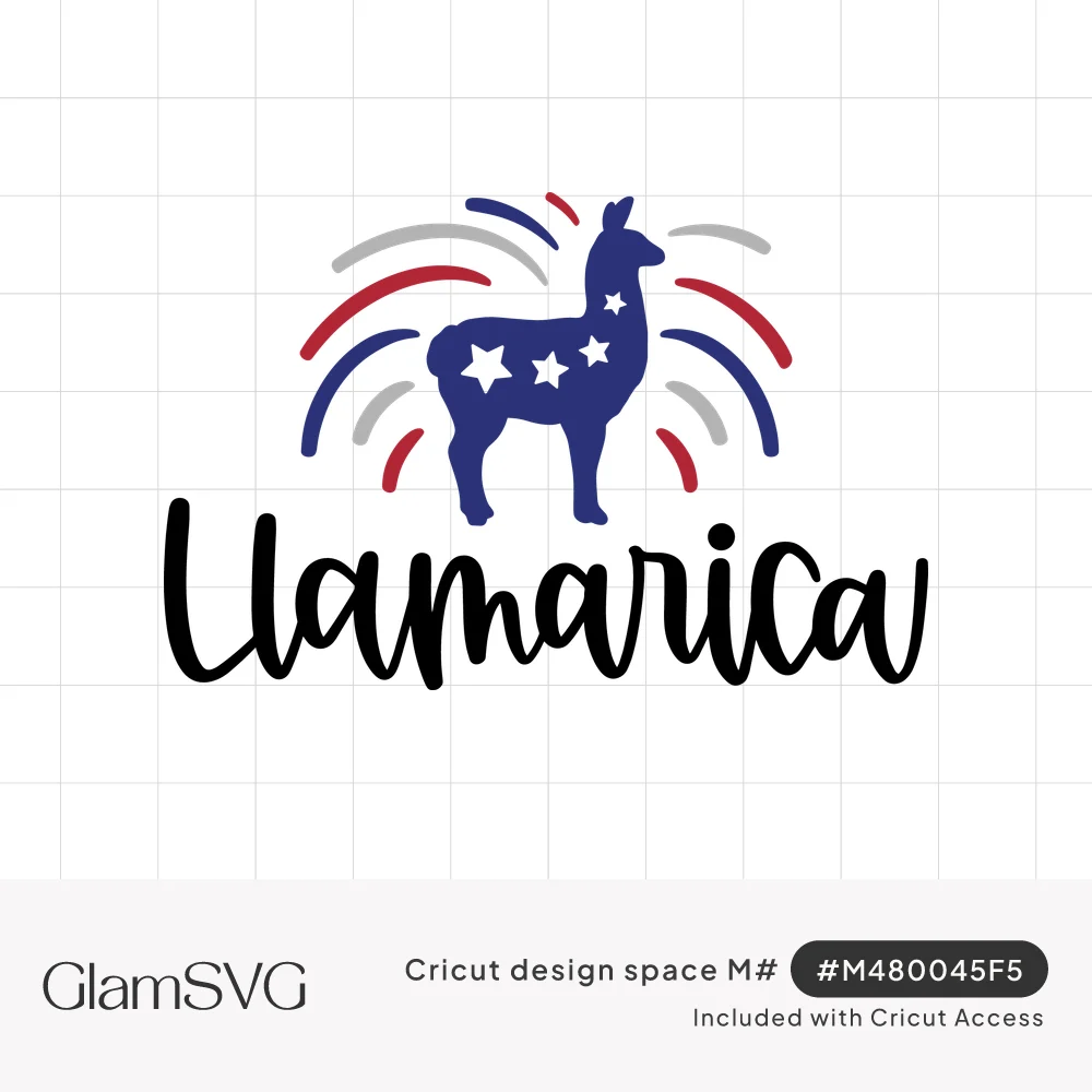 Navy blue llama silhouette with white stars, red, gray and blue firework bursts, and black script reading Llamarica