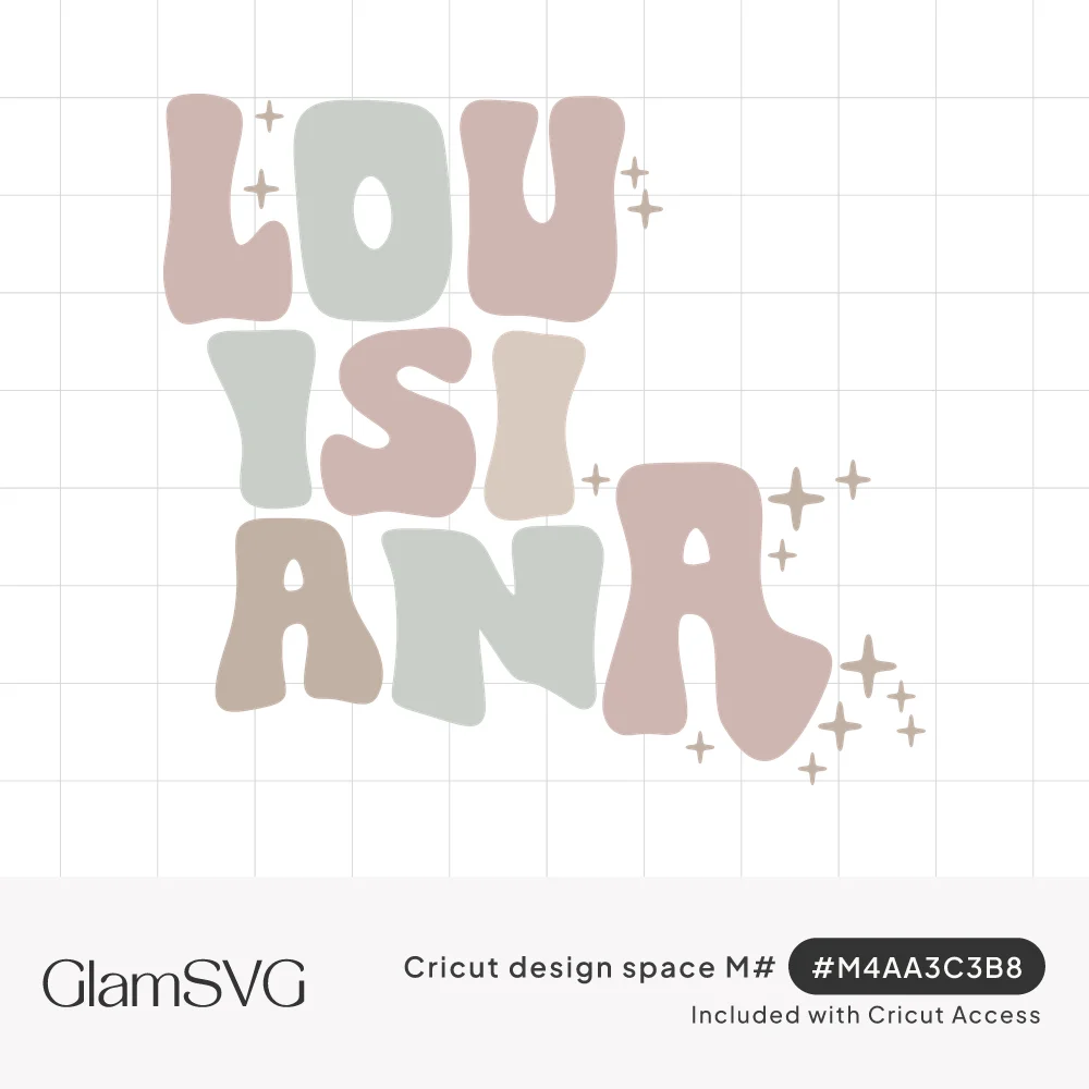 Groovy pastel bubble letters spelling Louisiana stacked in the shape of the state with small sparkle accents