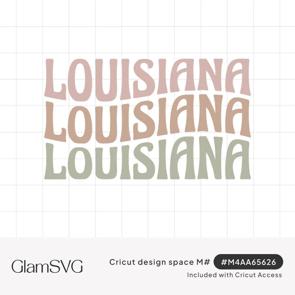 The word Louisiana repeated three times in wavy retro lettering in dusty pink, peach and sage green