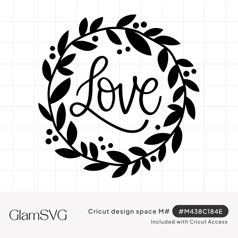Black script word Love centered inside a circular wreath of leaves and small berry dots