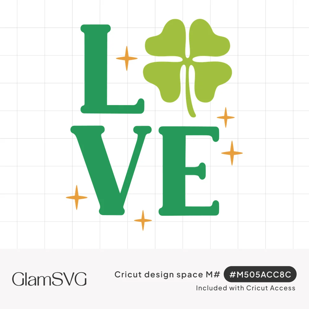 Stacked green LOVE letters with a light green four-leaf clover as the O, surrounded by small gold sparkles