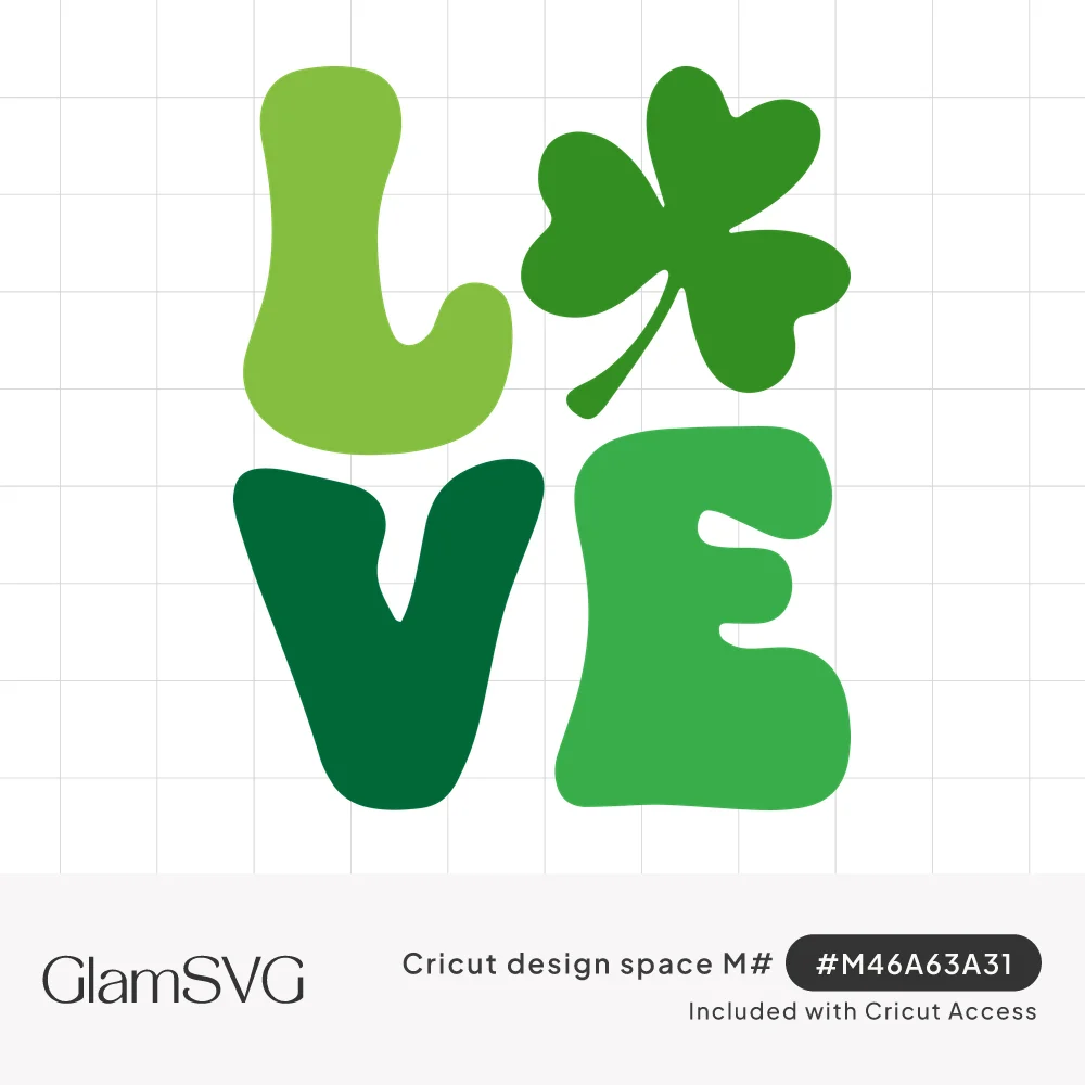 The word LOVE stacked in chunky green letters with a three-leaf shamrock replacing the letter O