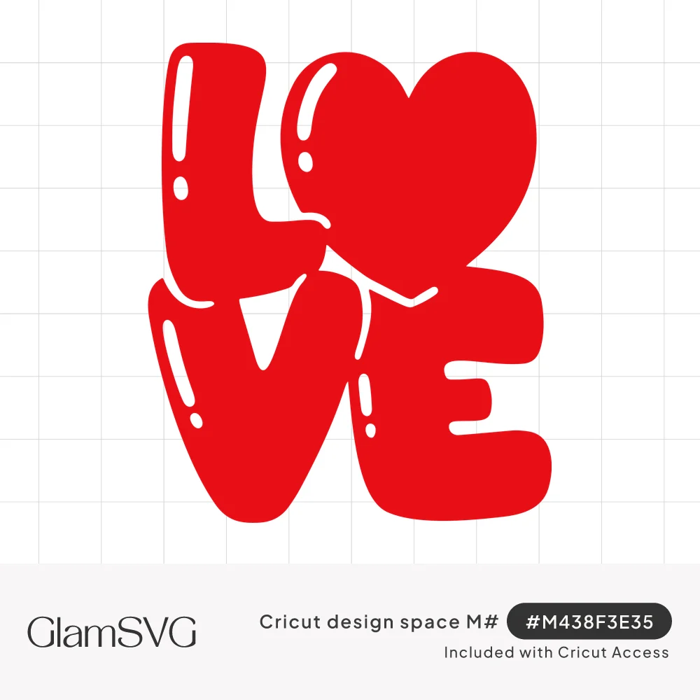 Red puffy bubble letters spelling LOVE stacked in two rows, with a glossy heart replacing the O and white shine highlights