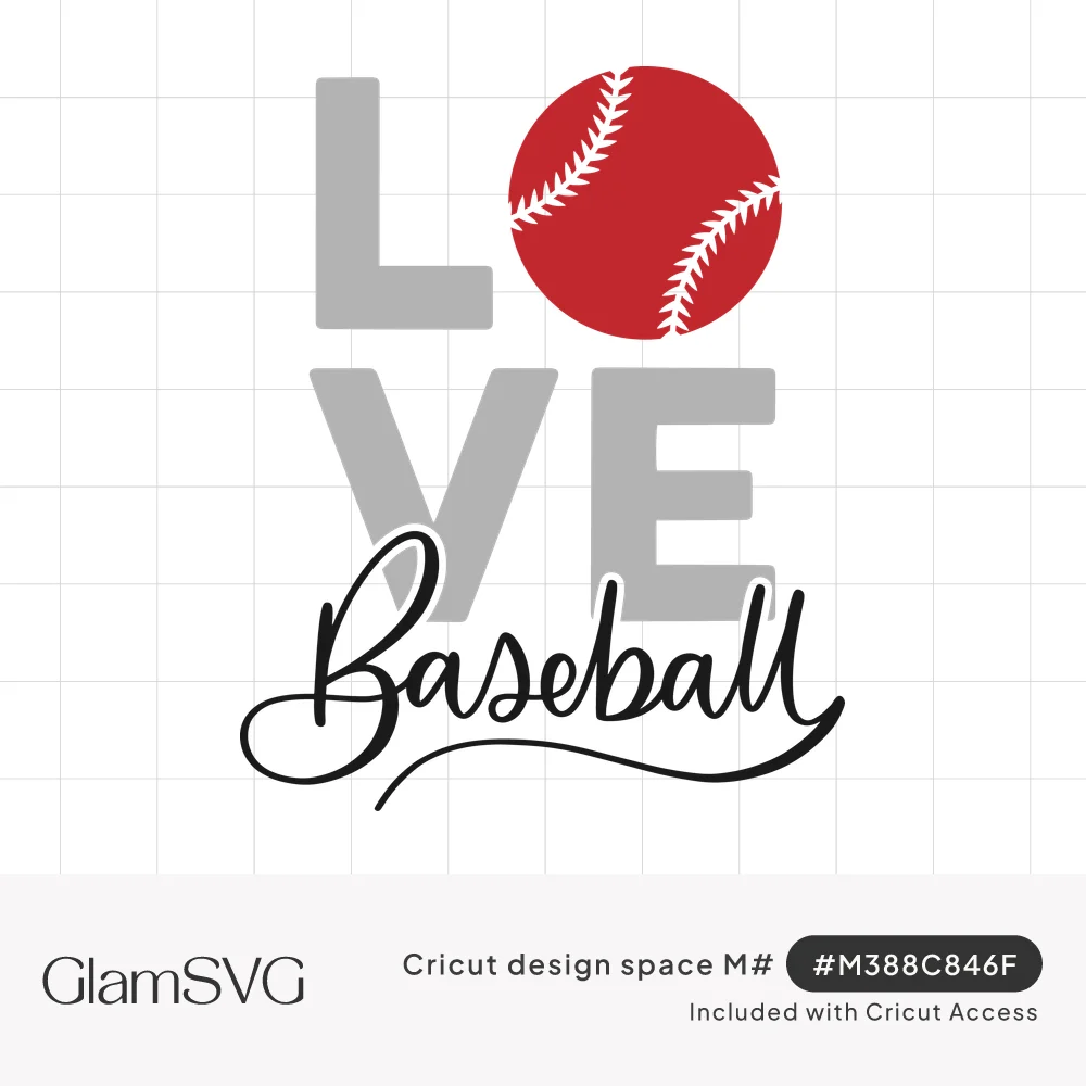 Gray stacked LOVE letters with a red stitched baseball as the O and black script Baseball written underneath