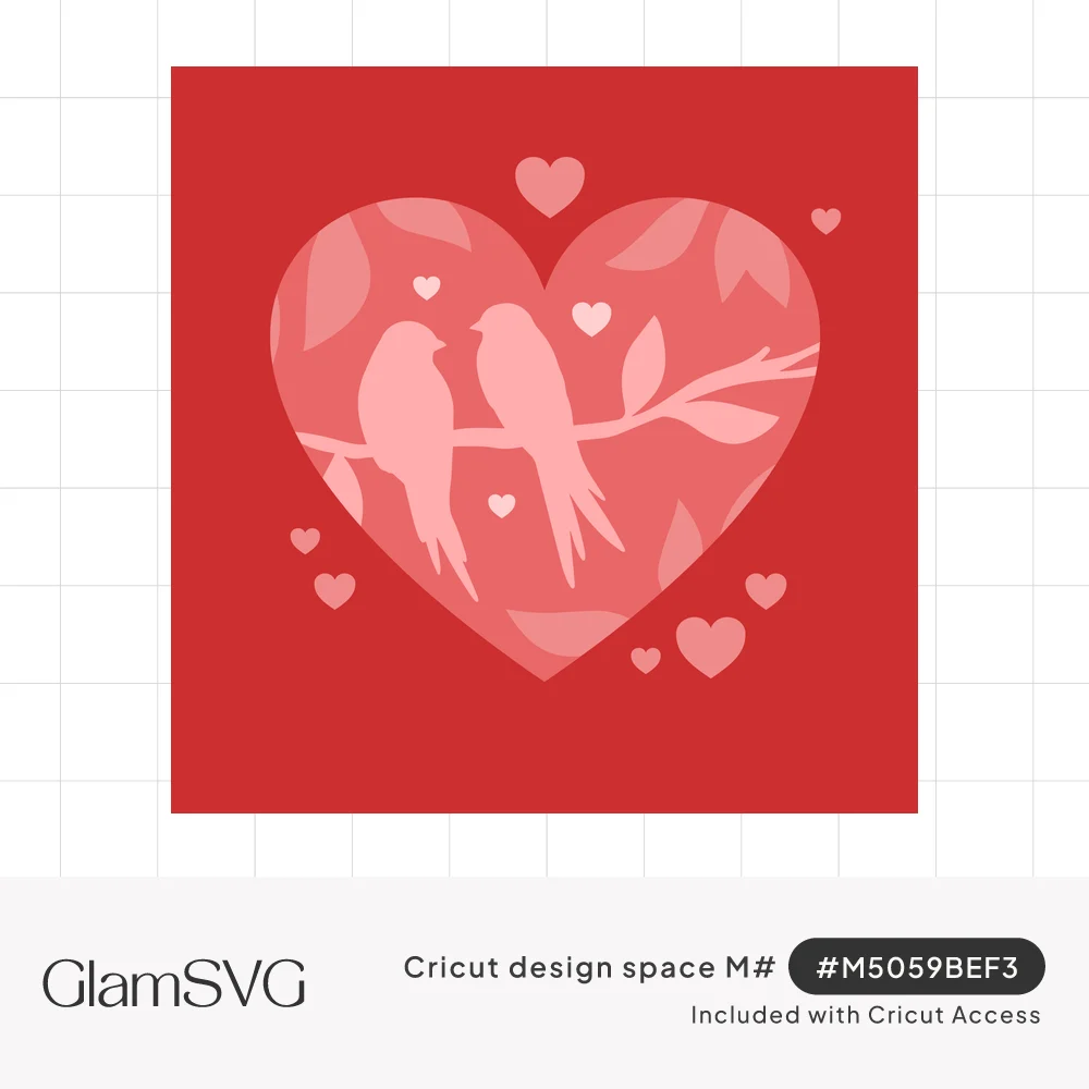 Two pink love bird silhouettes on a leafy branch inside a layered heart, surrounded by small hearts on a red background