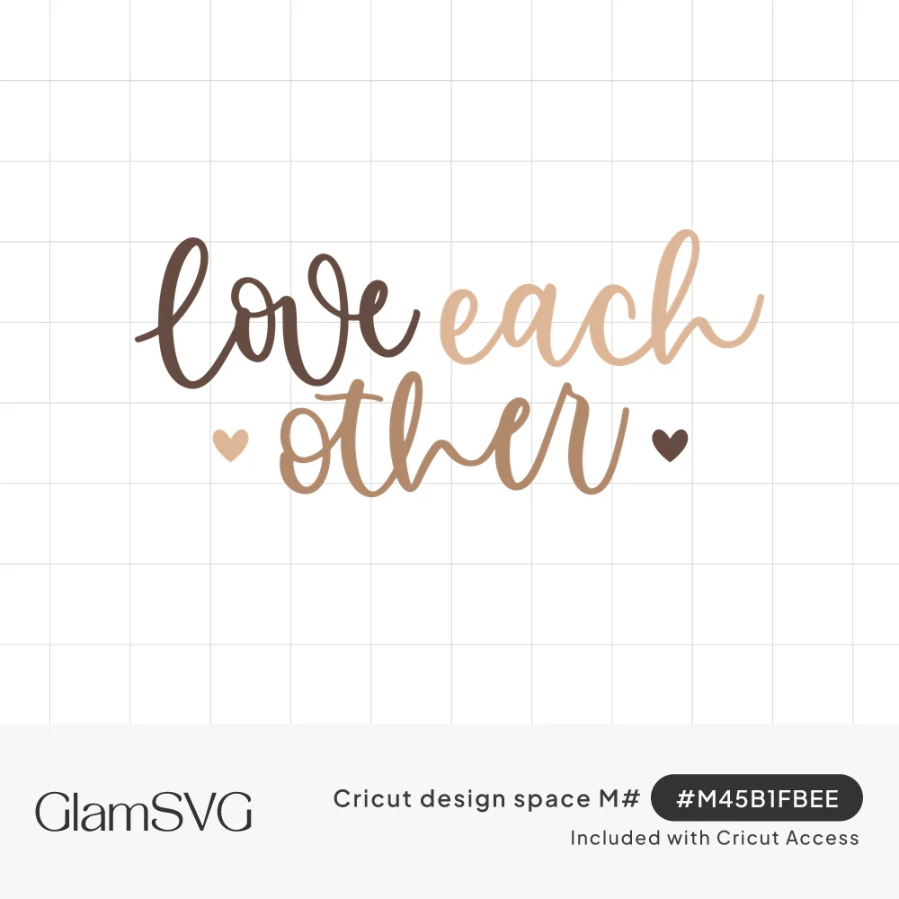 "Love each other" in brush script lettering in brown, caramel and peach tones with two small hearts