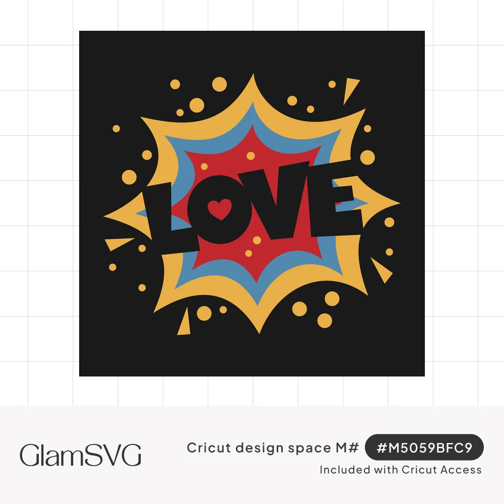 Bold black LOVE lettering with a red heart over a layered yellow, blue and red comic-book burst with dots