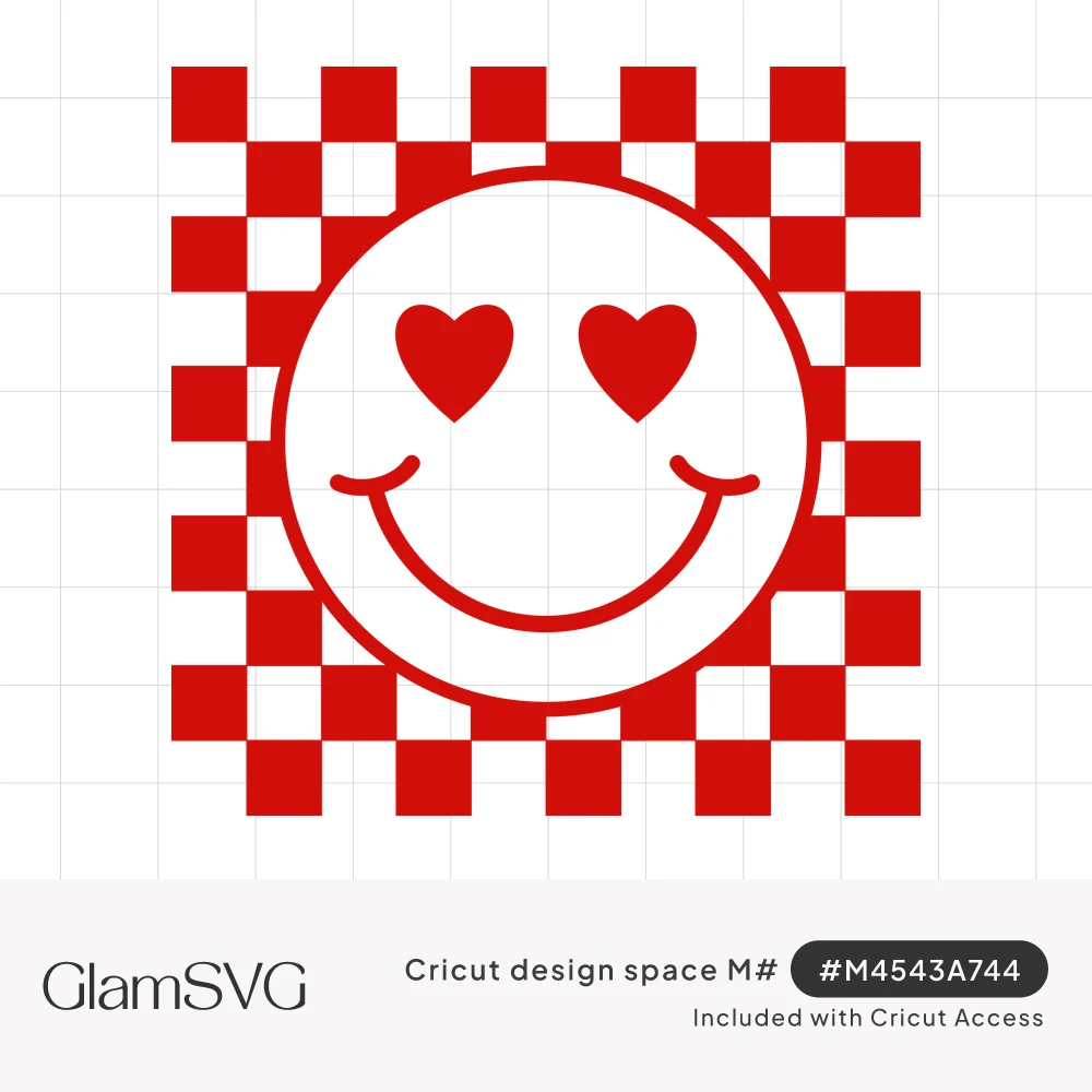 Red and white checkerboard square with a white smiley face in the center that has red heart eyes and a wide smile