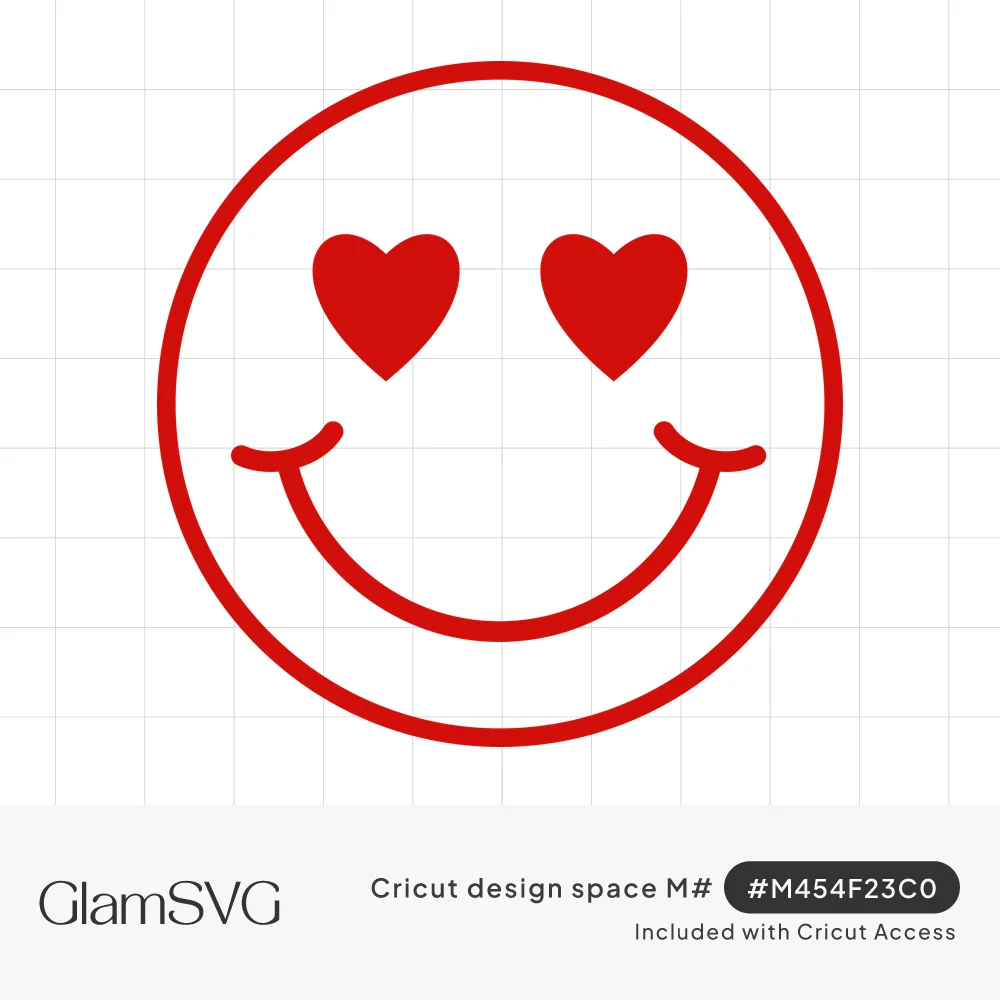 Red outlined smiley face with two solid heart-shaped eyes and a wide curved smile