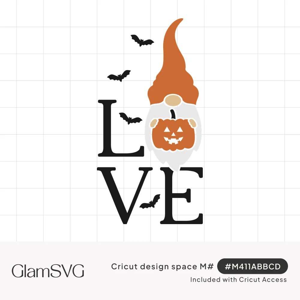 Stacked LOVE lettering with an orange-hatted gnome holding a jack-o'-lantern as the O, with black bats flying around