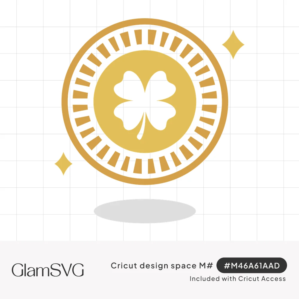 Gold coin with a white four leaf clover center, ridged rim, two sparkles and a gray shadow below