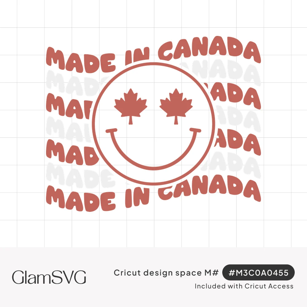 Smiley face with red maple leaf eyes over wavy repeating Made in Canada text in red and gray bubble letters