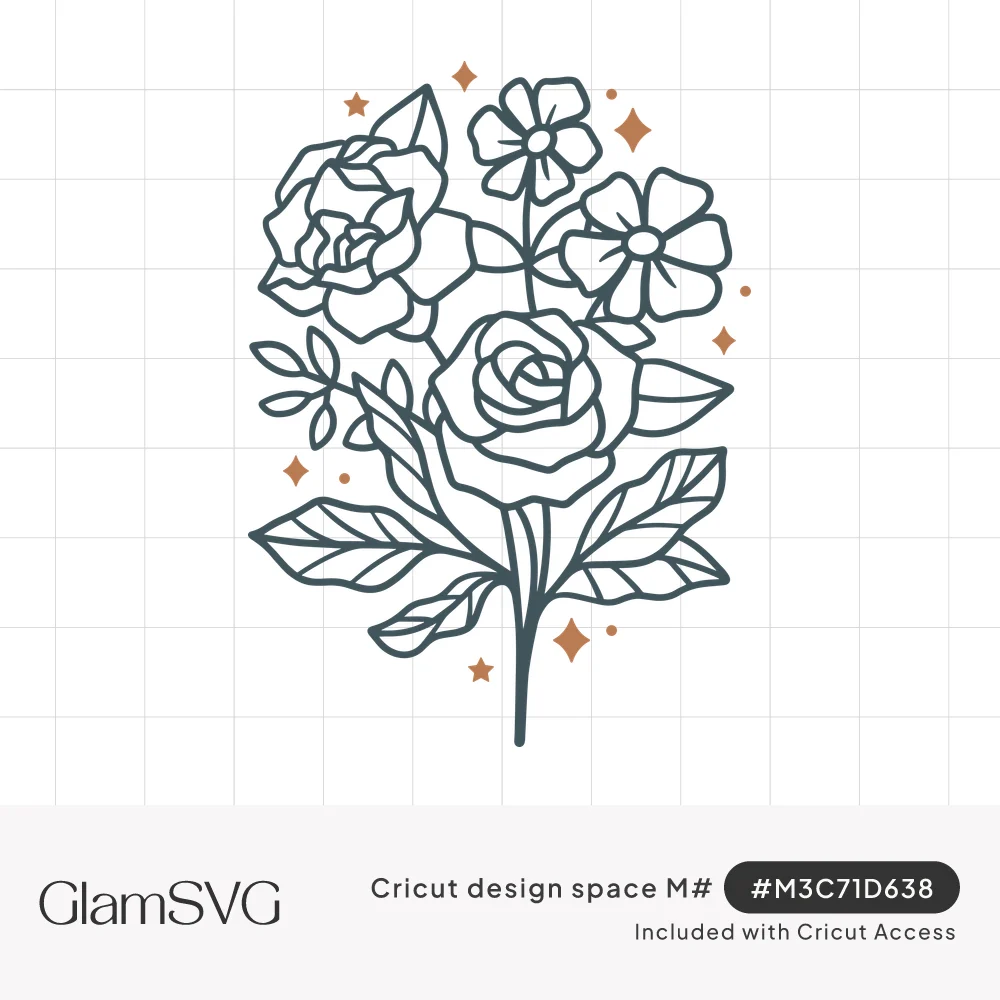 Outline drawing of a bouquet with two roses, five-petal flowers and leaves on one stem, surrounded by small copper sparkles