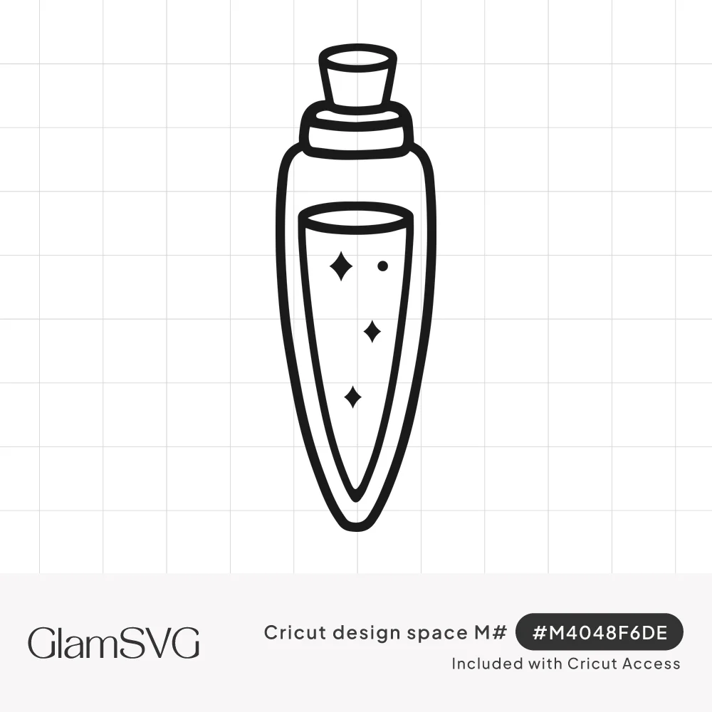 Line art of a tall tapered potion bottle with a cork stopper, filled partway with liquid and small sparkles
