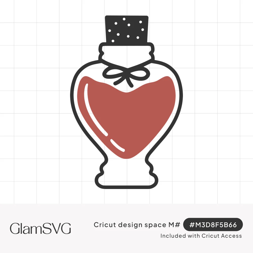 Heart-shaped glass potion bottle filled with red liquid, with a black polka dot cork and a bow tied at the neck