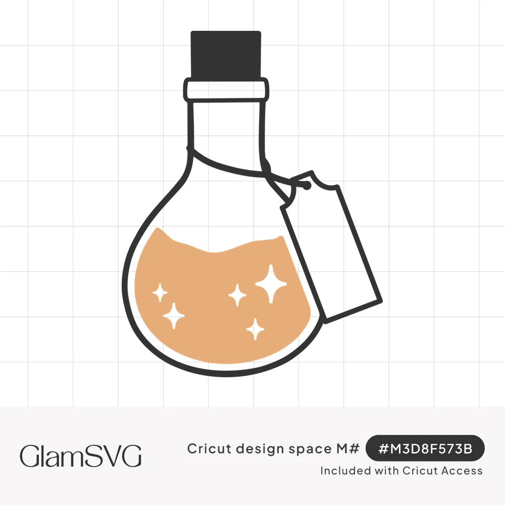 Outlined round potion bottle with a black cork, peach liquid with white sparkles and a blank tag tied to the neck