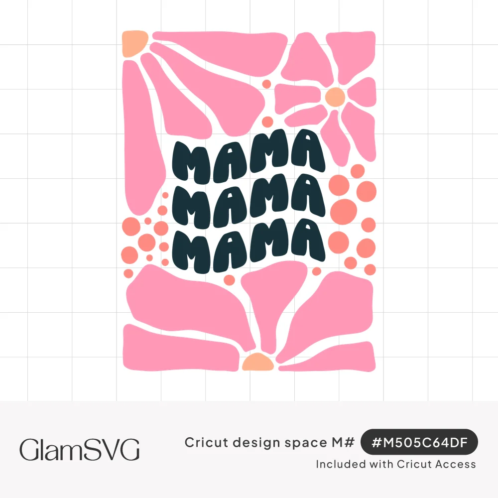 Wavy dark lettering reading MAMA three times surrounded by large pink retro flower petals and coral dots