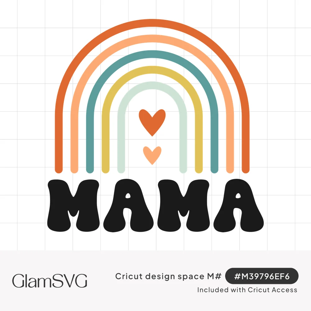 Five-band boho rainbow in orange, peach, teal, mustard and sage with two hearts above bold black groovy MAMA lettering