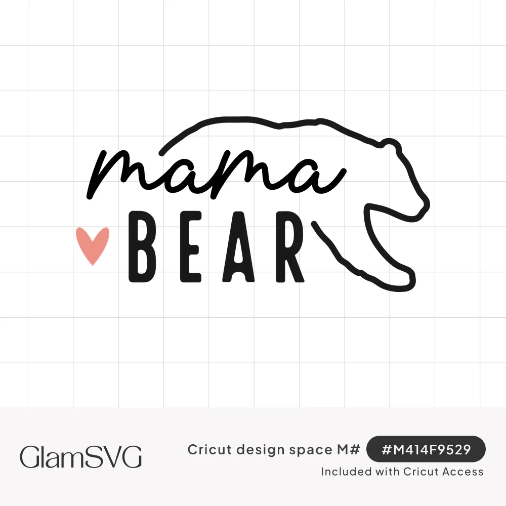 Black outline of a walking bear around the words mama in script and BEAR in block letters, with a small pink heart