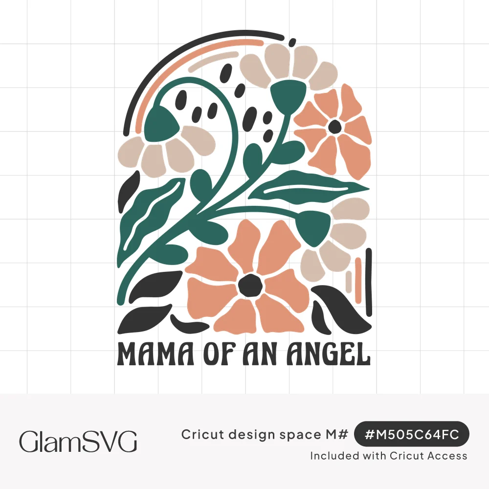 Boho floral arch of peach and taupe flowers with green stems above bold text reading Mama of an Angel