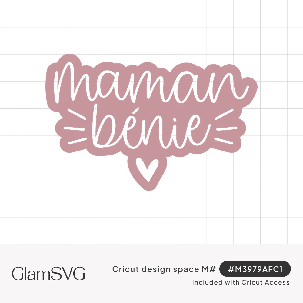 White script lettering reading maman bénie on a dusty rose badge shape with burst lines and a small heart below