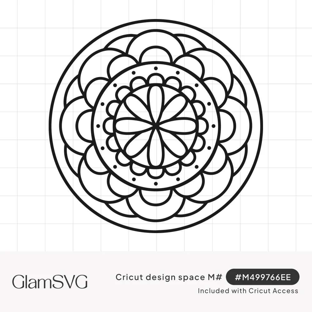 Black line-art mandala with an eight-petal flower center, a dotted ring and layered scalloped petals inside a double circle