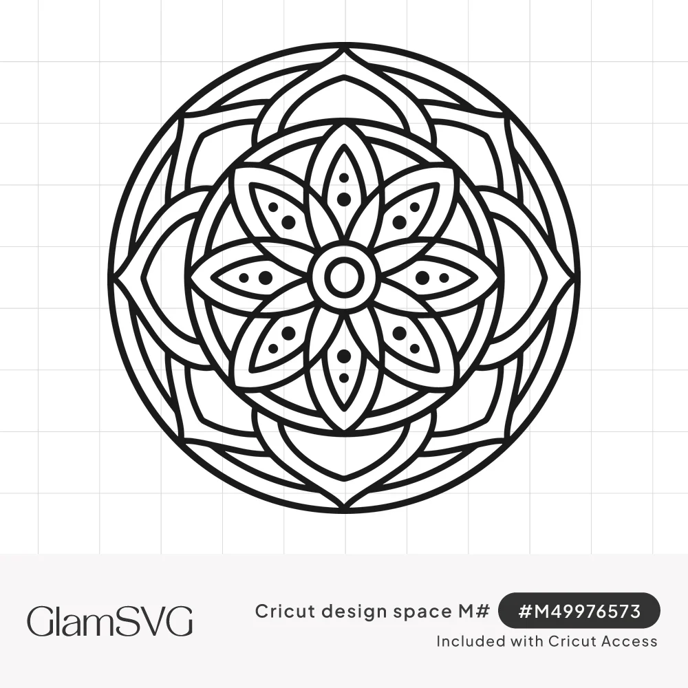 Black line art mandala with an eight-petal dotted flower at the center, surrounded by layered petals inside a circle