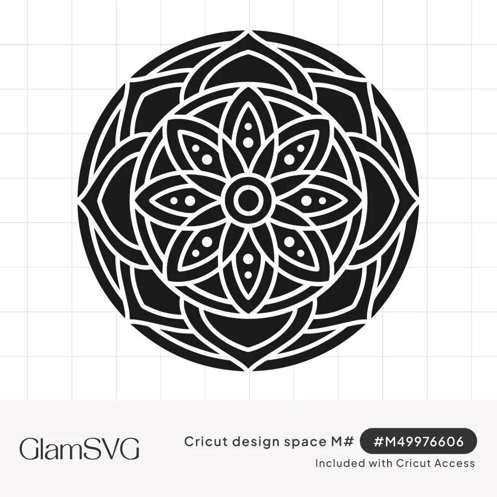 Round black and white mandala with an eight-petal flower center, dotted petals and layered lotus petal rings