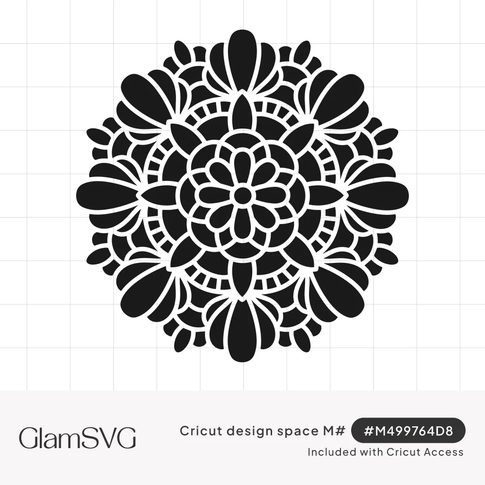 Black single-layer floral mandala with a flower center, dashed ring and rounded teardrop petals radiating outward