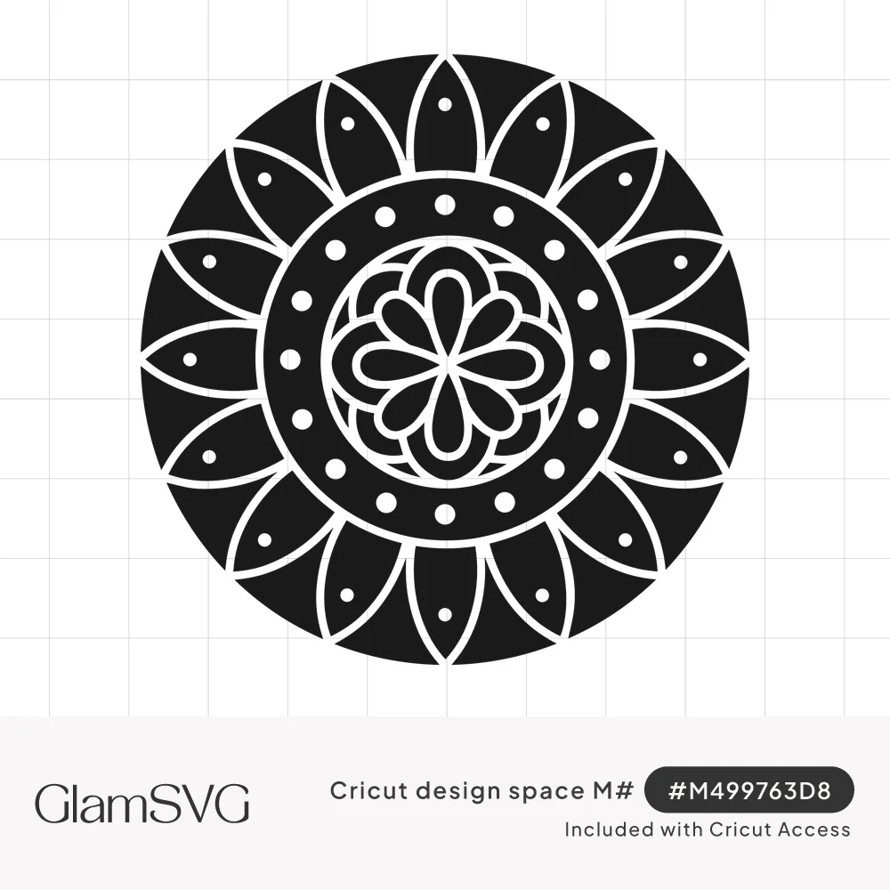 Circular black mandala with a central eight-petal flower, a ring of white dots, and an outer ring of pointed dotted petals