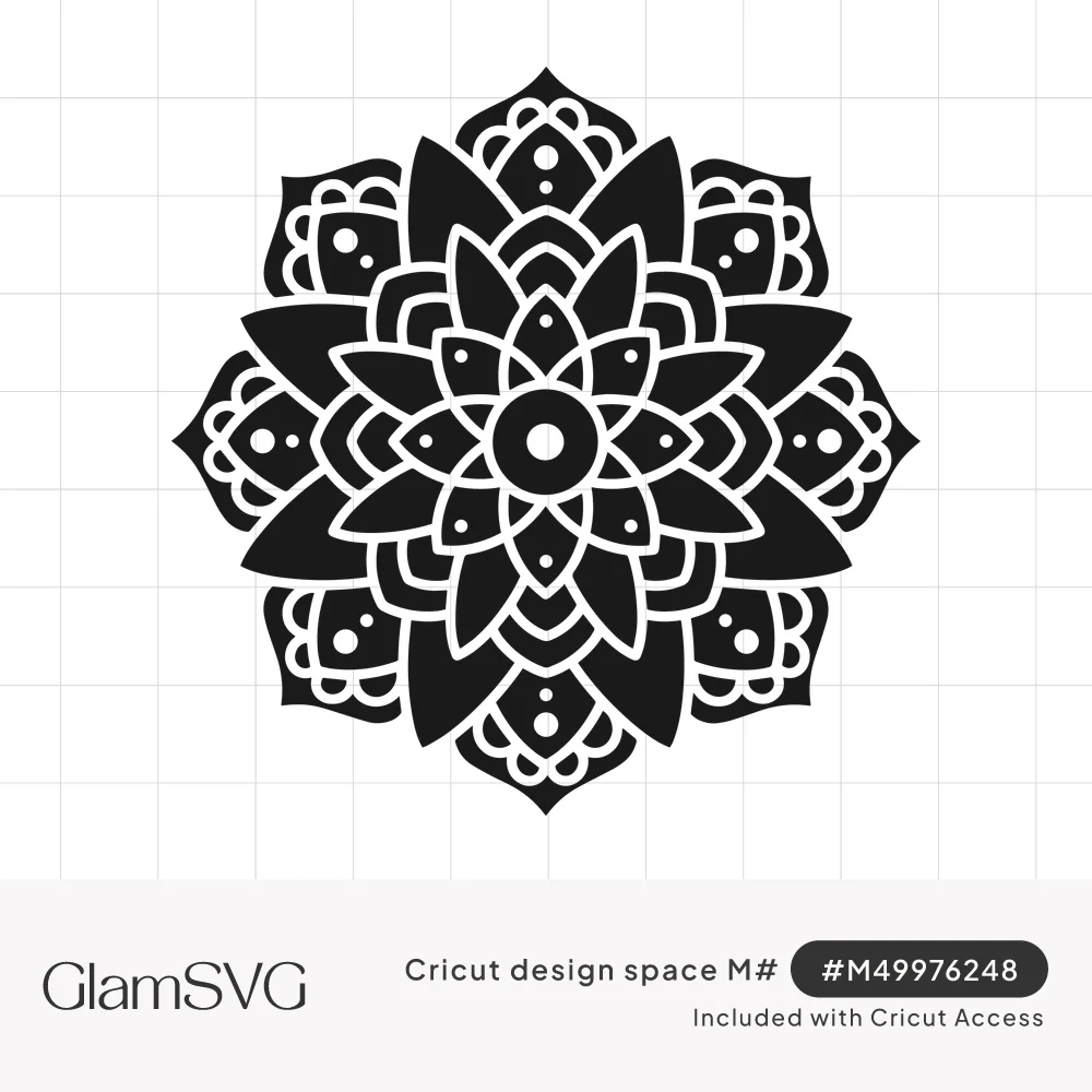Black and white floral mandala with layered pointed petals, a dotted center and scalloped outer petals with small dots