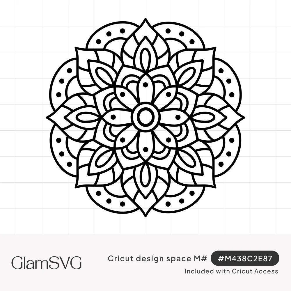 Black and white floral mandala with layered pointed petals, a ringed center and a dotted scalloped outer edge