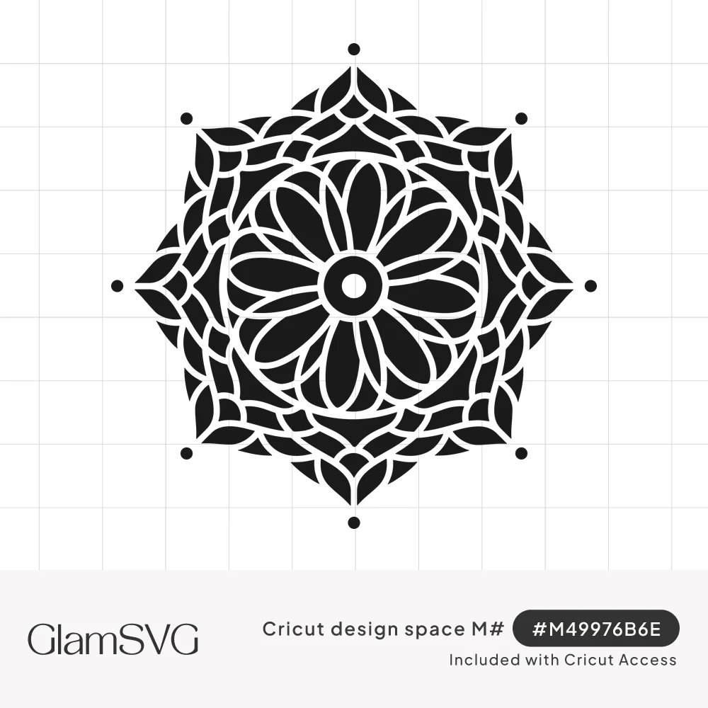 Black floral mandala with a daisy center, layered pointed petals forming an eight-point star, and dots at each tip