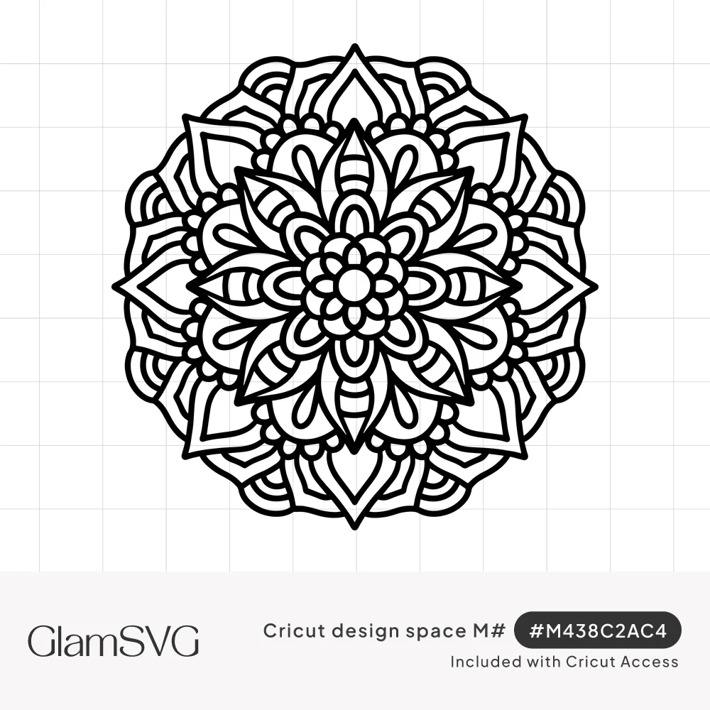 Black outlined floral mandala with layered petals, teardrop shapes and dots radiating from a flower center