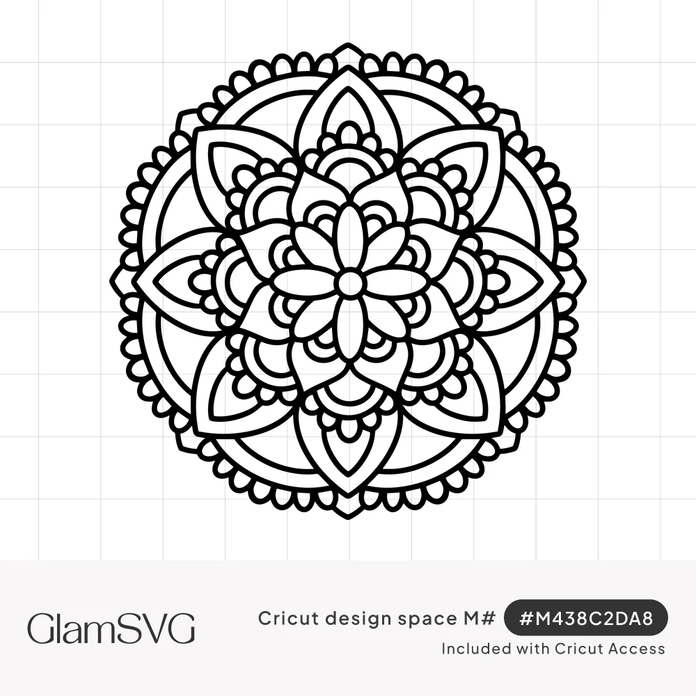 Black line art mandala with layered pointed petals around a central flower, framed by a scalloped border of dots