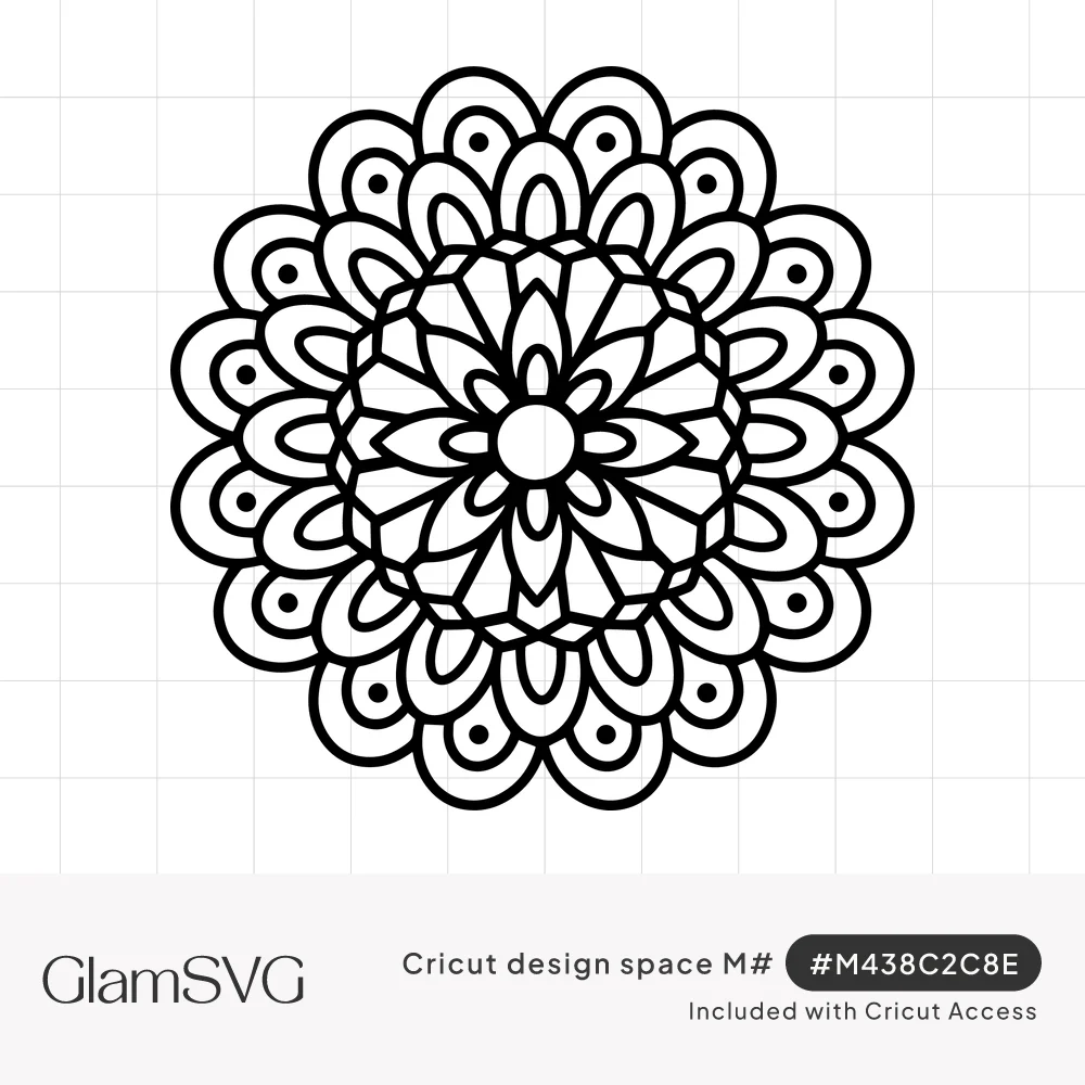 Black outline mandala with scalloped dotted outer petals, pointed geometric inner petals and a round center circle