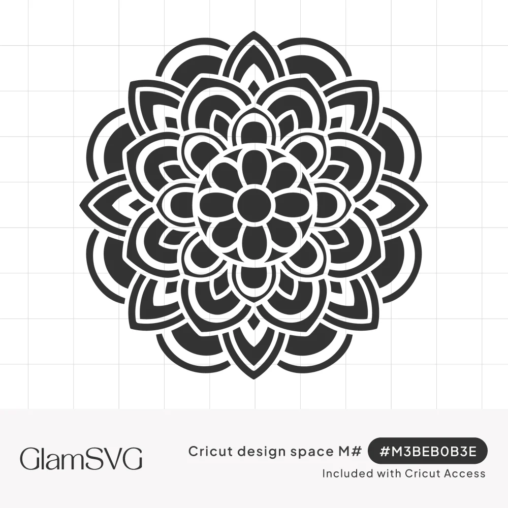 Black floral mandala with a rounded daisy center surrounded by rings of outlined pointed and teardrop petals