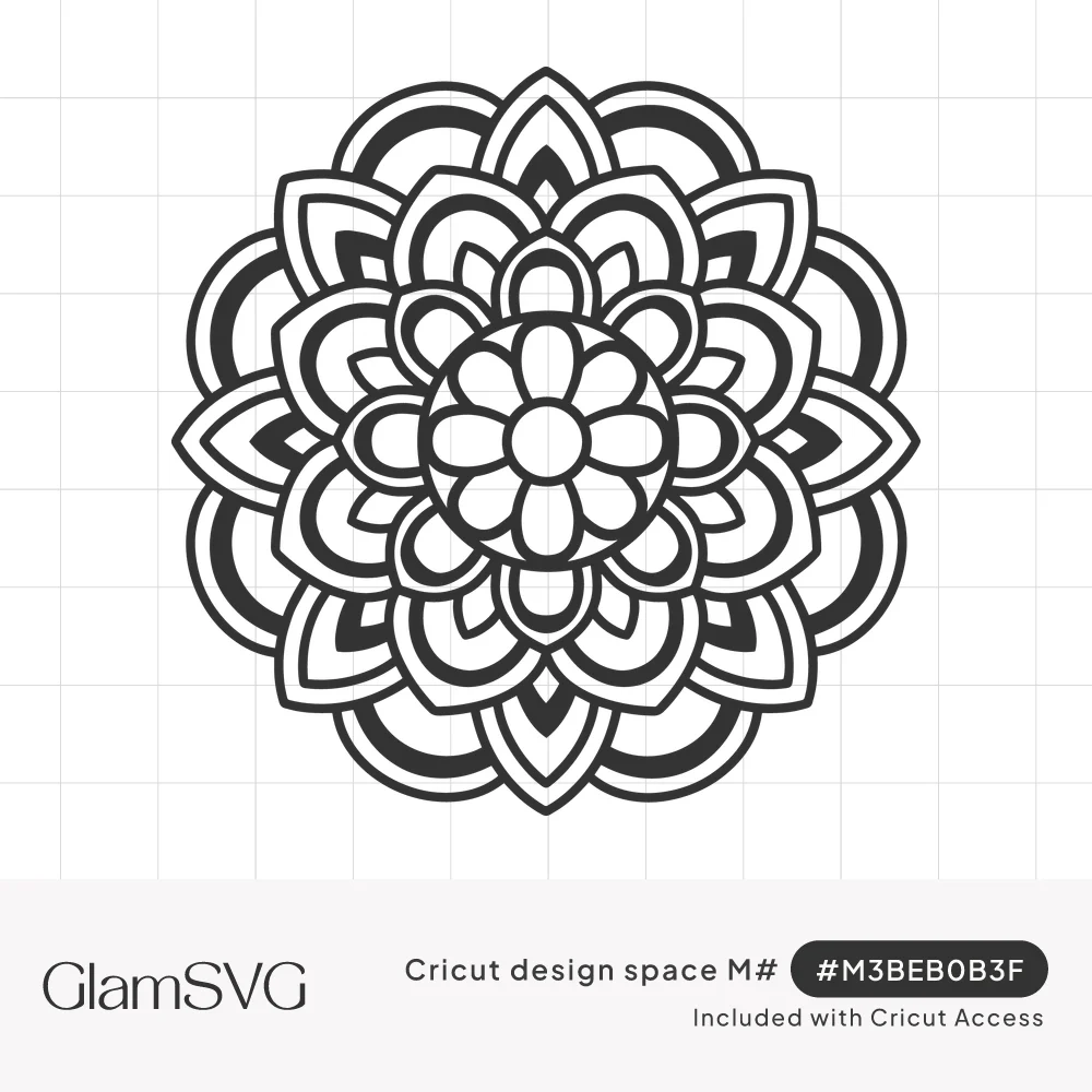 Black and white circular mandala with layered rings of pointed and rounded petals around a small flower center