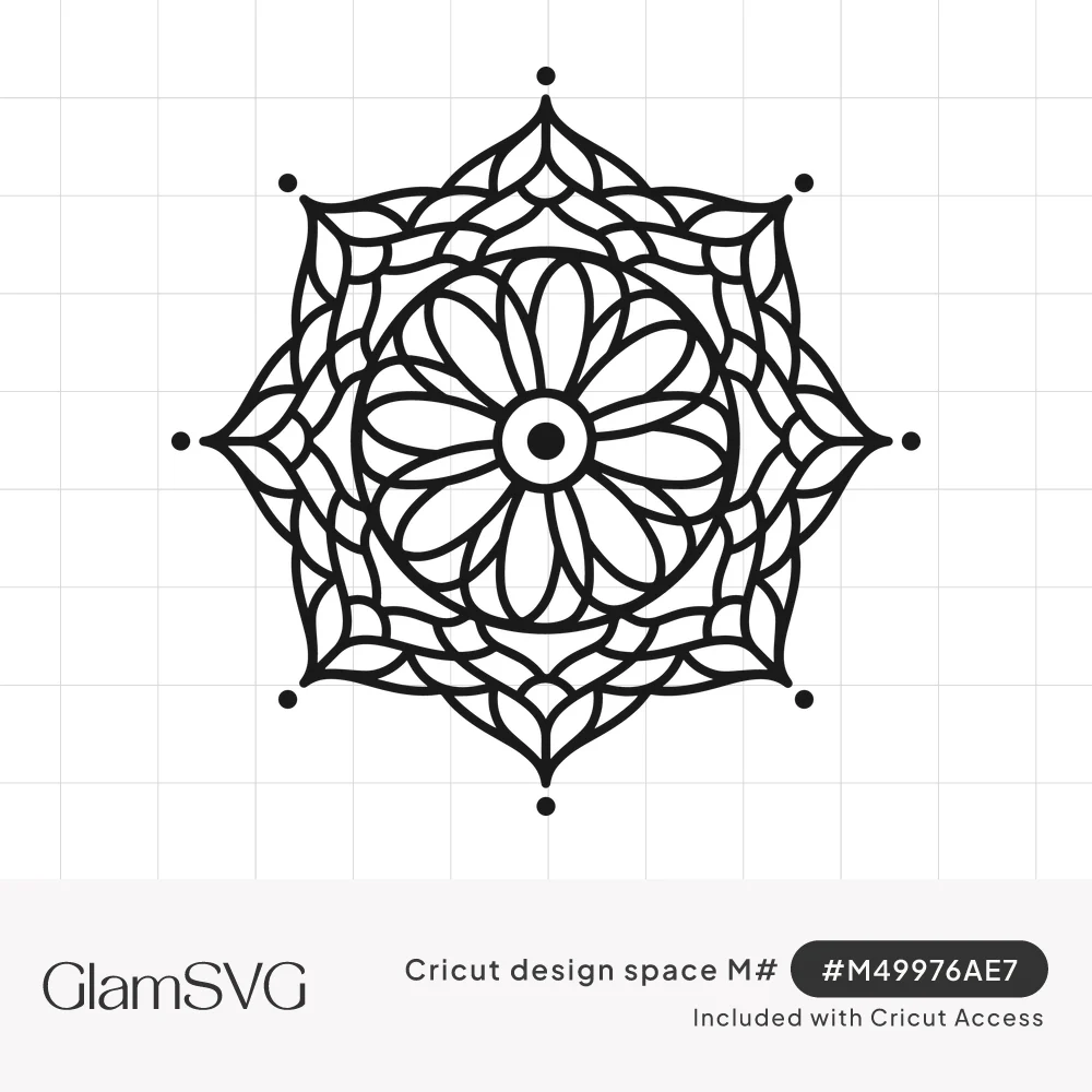 Black line art mandala with an eight-point outline, layered petals, a daisy flower center and small dots at each point
